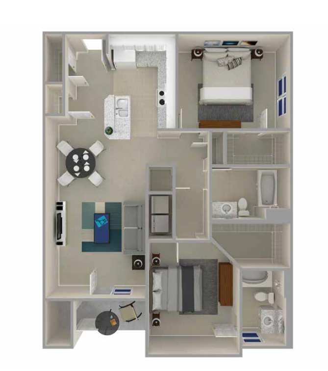 Floor plan for 2 beds, 2 baths, 1042 sqft